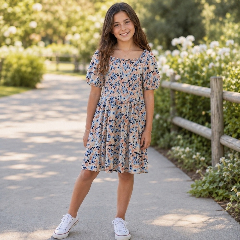 BCBG Girls Smocked Floral Dress Size L 14/16 Puff Sleeve Cream Blue Pink Ruffle
